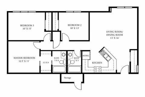 Floor plan for 3 beds, 2 baths, 1050 sqft